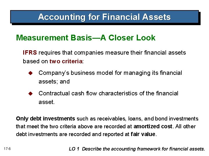 Accounting for Financial Assets Measurement Basis—A Closer Look IFRS requires that companies measure their