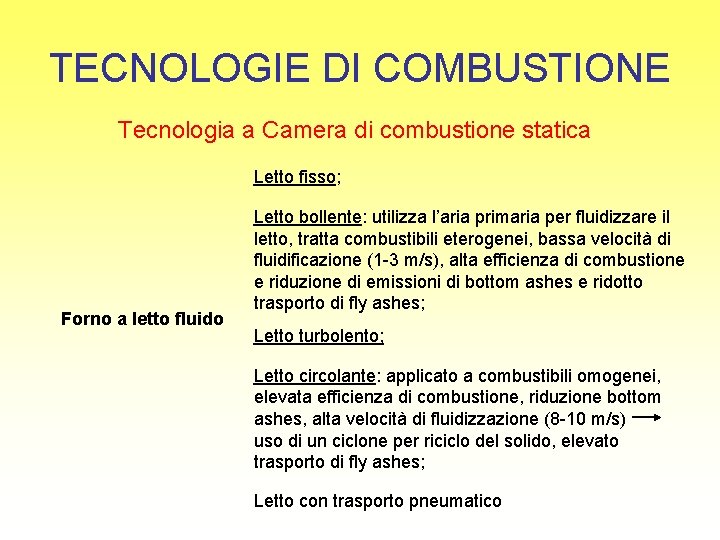 TECNOLOGIE DI COMBUSTIONE Tecnologia a Camera di combustione statica Letto fisso; Forno a letto