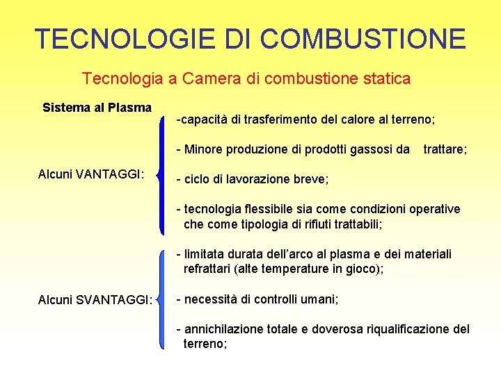 TECNOLOGIE DI COMBUSTIONE Tecnologia a Camera di combustione statica Sistema al Plasma -capacità di