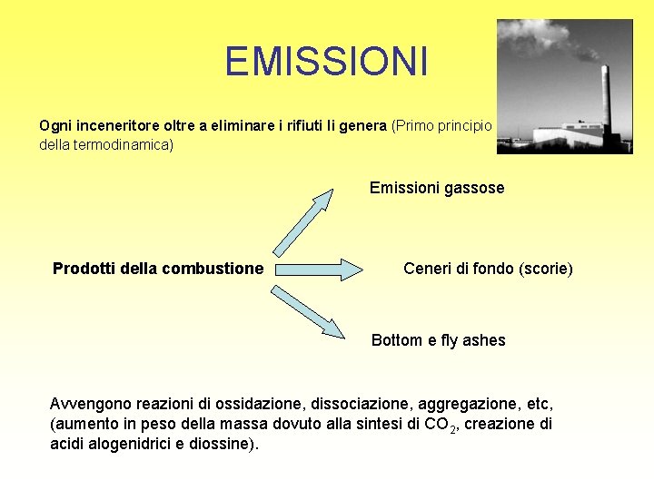 EMISSIONI Ogni inceneritore oltre a eliminare i rifiuti li genera (Primo principio della termodinamica)