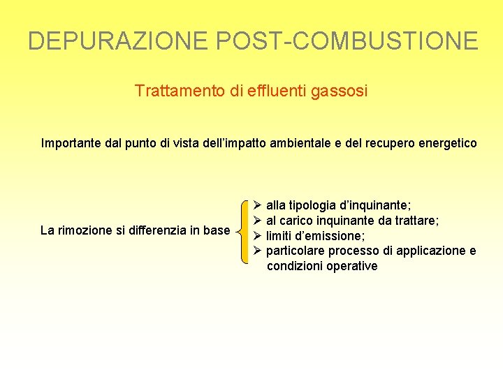DEPURAZIONE POST-COMBUSTIONE Trattamento di effluenti gassosi Importante dal punto di vista dell’impatto ambientale e