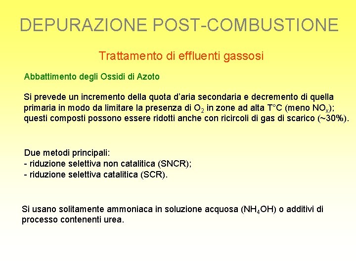 DEPURAZIONE POST-COMBUSTIONE Trattamento di effluenti gassosi Abbattimento degli Ossidi di Azoto Si prevede un