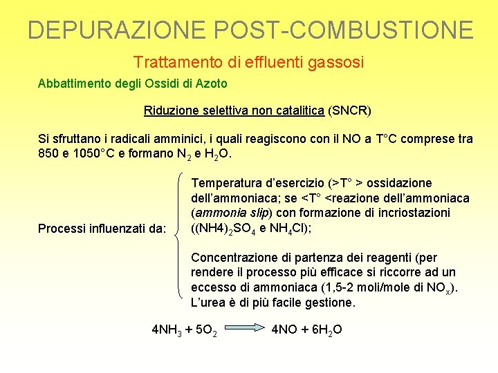 DEPURAZIONE POST-COMBUSTIONE Trattamento di effluenti gassosi Abbattimento degli Ossidi di Azoto Riduzione selettiva non