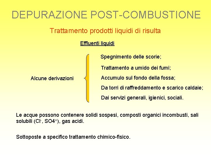 DEPURAZIONE POST-COMBUSTIONE Trattamento prodotti liquidi di risulta Effluenti liquidi Spegnimento delle scorie; Trattamento a