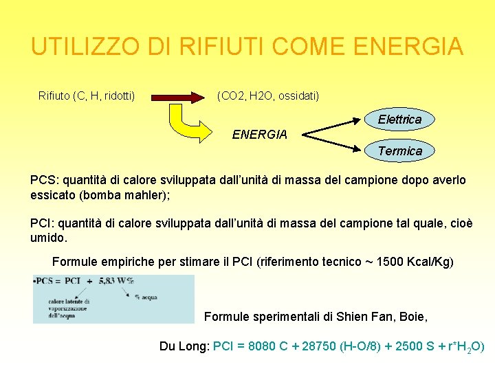 UTILIZZO DI RIFIUTI COME ENERGIA Rifiuto (C, H, ridotti) (CO 2, H 2 O,