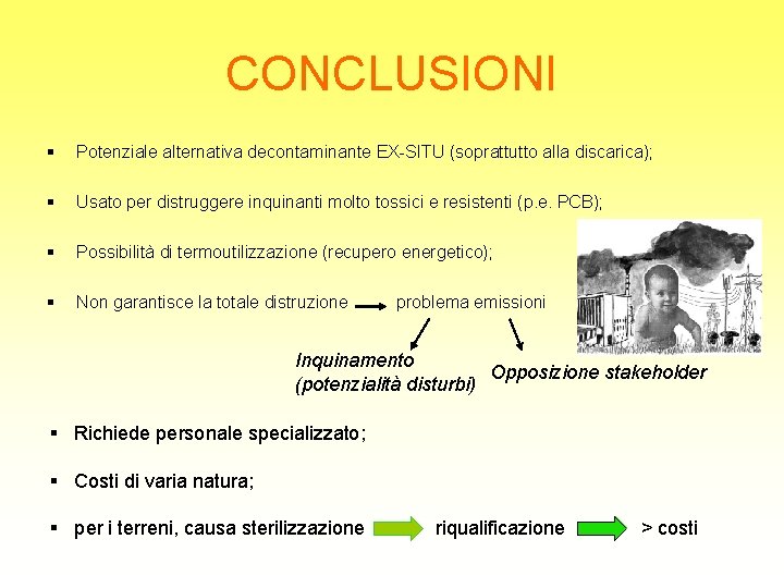 CONCLUSIONI § Potenziale alternativa decontaminante EX-SITU (soprattutto alla discarica); § Usato per distruggere inquinanti