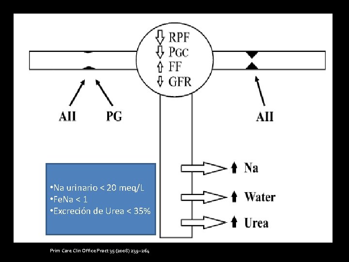  • Na urinario < 20 meq/L • Fe. Na < 1 • Excreción