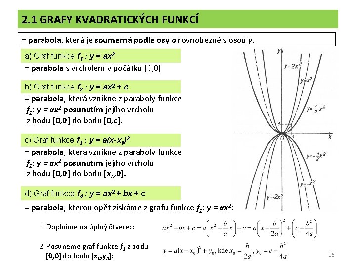 2. 1 GRAFY KVADRATICKÝCH FUNKCÍ = parabola, která je souměrná podle osy o rovnoběžné