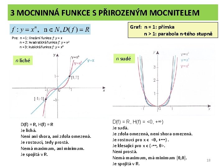 3 MOCNINNÁ FUNKCE S PŘIROZENÝM MOCNITELEM Pro: n = 1: lineární funkce f: y