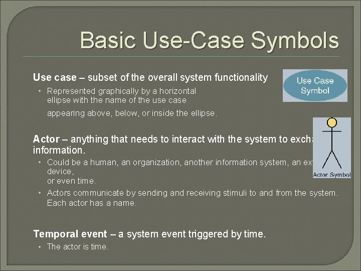 Basic Use-Case Symbols Use case – subset of the overall system functionality • Represented