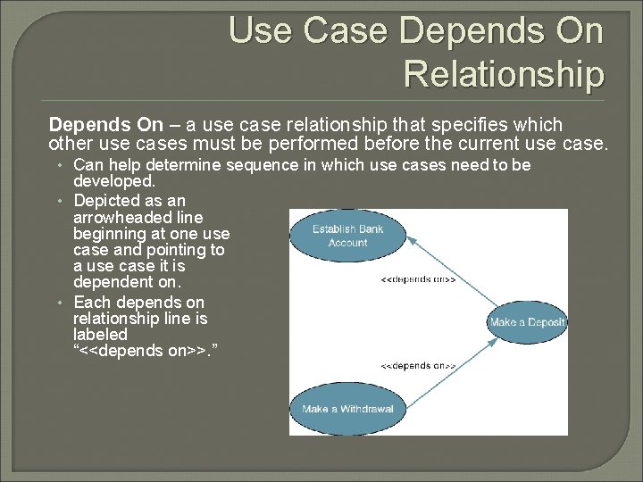 Use Case Depends On Relationship Depends On – a use case relationship that specifies