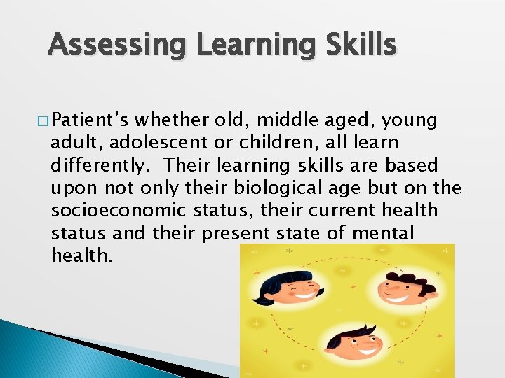 Assessing Learning Skills � Patient’s whether old, middle aged, young adult, adolescent or children,