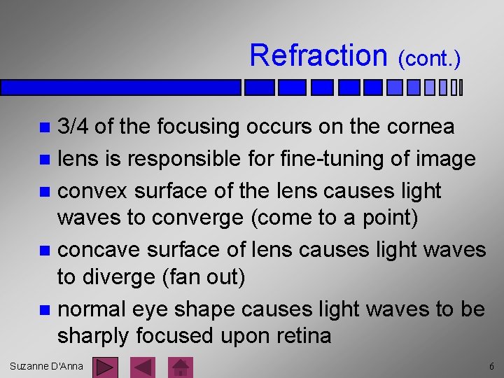 Refraction (cont. ) 3/4 of the focusing occurs on the cornea n lens is