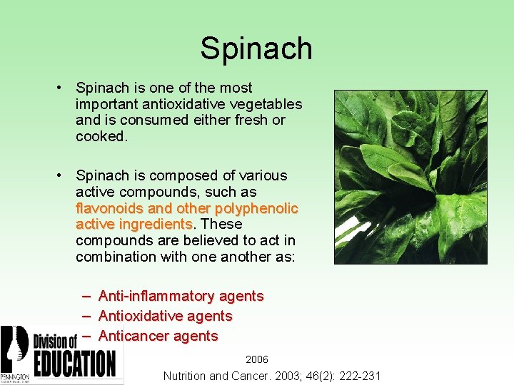 Spinach • Spinach is one of the most important antioxidative vegetables and is consumed