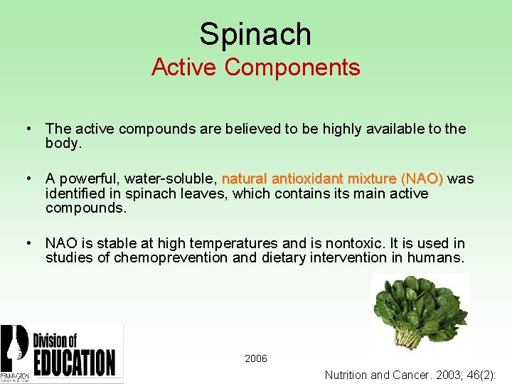 Spinach Active Components • The active compounds are believed to be highly available to