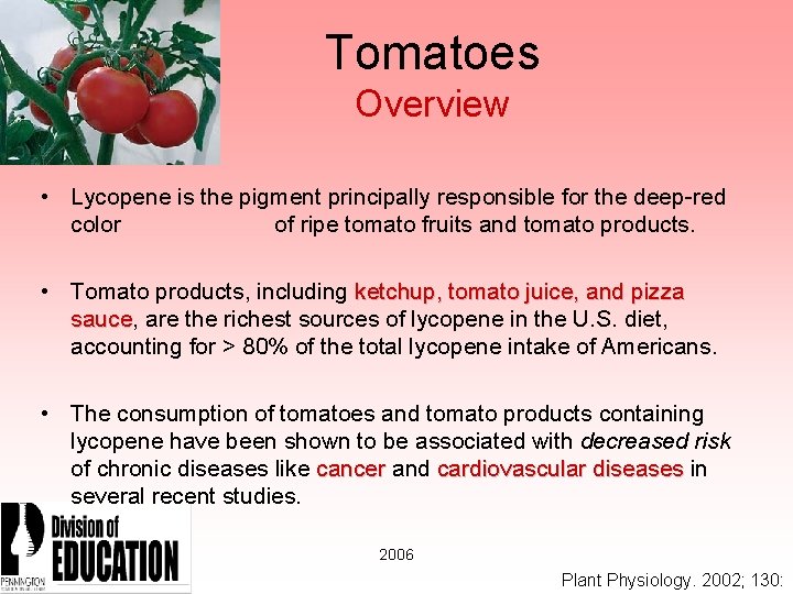 Tomatoes Overview • Lycopene is the pigment principally responsible for the deep-red color of