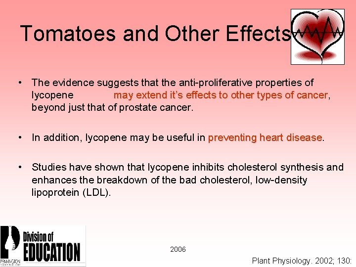 Tomatoes and Other Effects • The evidence suggests that the anti-proliferative properties of lycopene