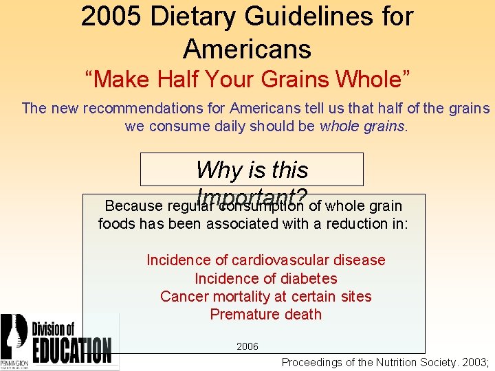 2005 Dietary Guidelines for Americans “Make Half Your Grains Whole” The new recommendations for