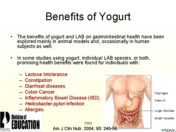 Benefits of Yogurt • The benefits of yogurt and LAB on gastrointestinal health have
