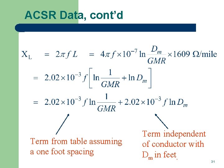 ACSR Data, cont’d Term from table assuming a one foot spacing Term independent of