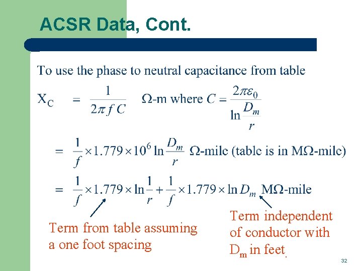 ACSR Data, Cont. Term from table assuming a one foot spacing Term independent of