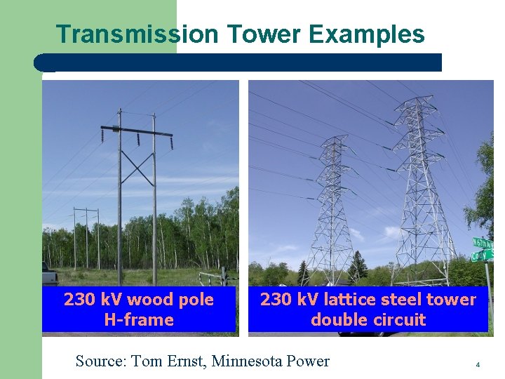 Transmission Tower Examples 230 k. V wood pole H-frame 230 k. V lattice steel