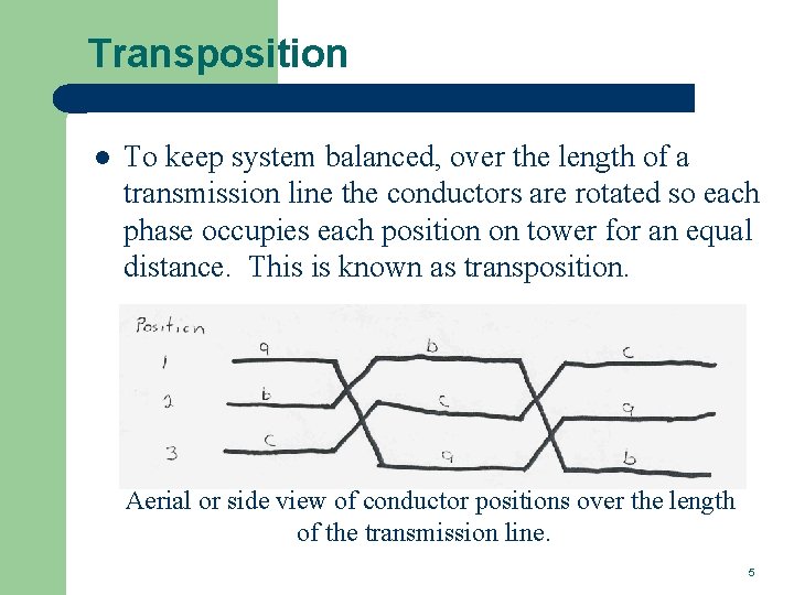 Transposition l To keep system balanced, over the length of a transmission line the