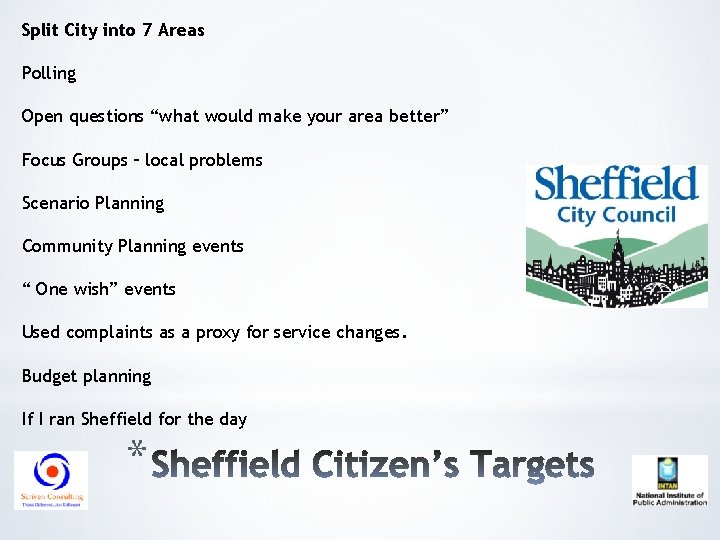 Split City into 7 Areas Polling Open questions “what would make your area better”