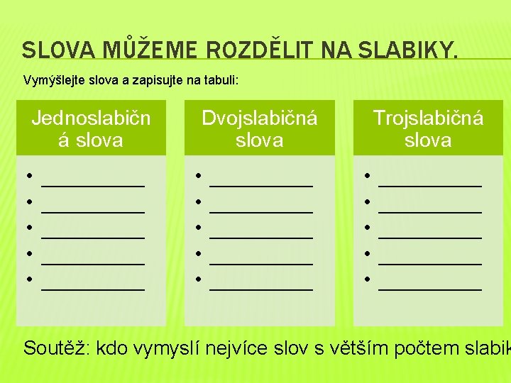 SLOVA MŮŽEME ROZDĚLIT NA SLABIKY. Vymýšlejte slova a zapisujte na tabuli: Jednoslabičn á slova