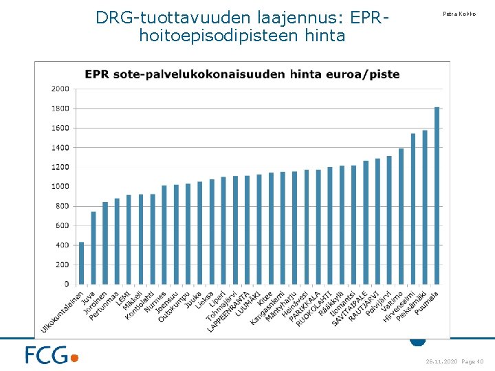 DRG-tuottavuuden laajennus: EPRhoitoepisodipisteen hinta Petra Kokko 26. 11. 2020 Page 40 