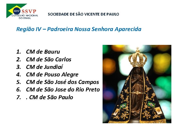 SOCIEDADE DE SÃO VICENTE DE PAULO Região IV – Padroeira Nossa Senhora Aparecida 1.