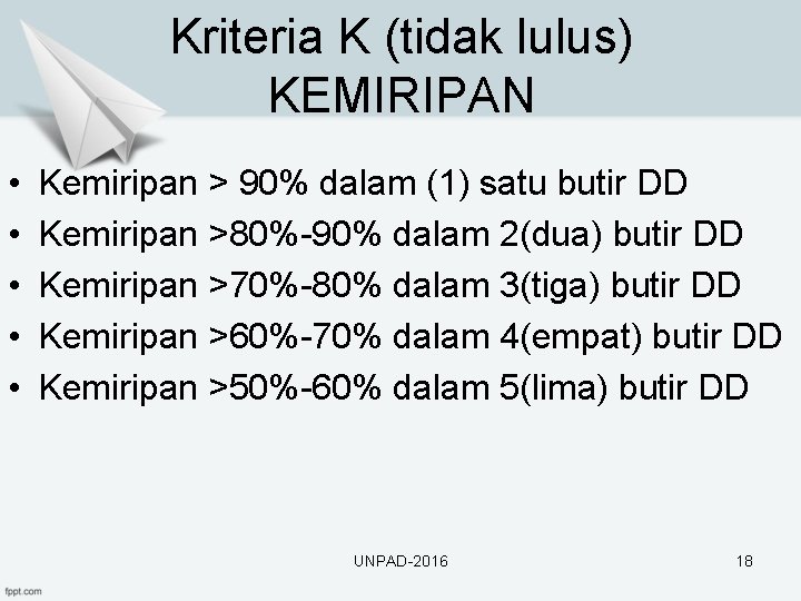 Kriteria K (tidak lulus) KEMIRIPAN • • • Kemiripan > 90% dalam (1) satu