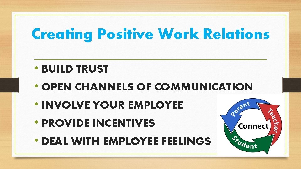 Creating Positive Work Relations • BUILD TRUST • OPEN CHANNELS OF COMMUNICATION • INVOLVE