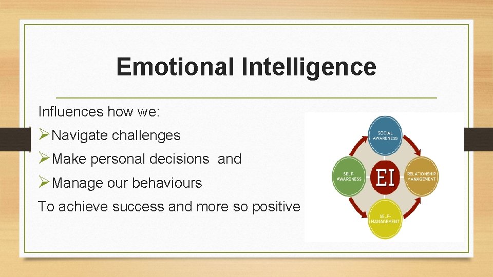 Emotional Intelligence Influences how we: ØNavigate challenges ØMake personal decisions and ØManage our behaviours