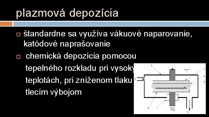 plazmová depozícia štandardne sa využíva vákuové naparovanie, katódové naprašovanie chemická depozícia pomocou tepelného rozkladu