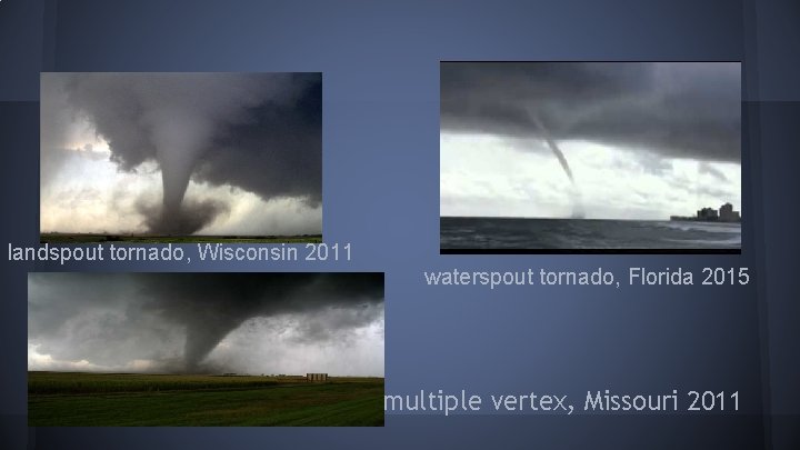 landspout tornado, Wisconsin 2011 waterspout tornado, Florida 2015 multiple vertex, Missouri 2011 
