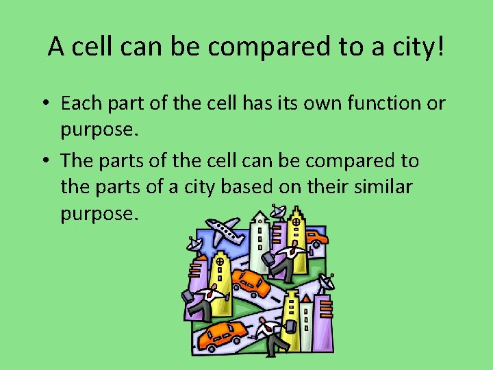 A cell can be compared to a city! • Each part of the cell