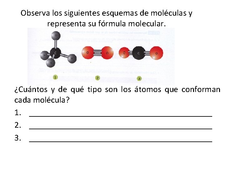 Observa los siguientes esquemas de moléculas y representa su fórmula molecular. ¿Cuántos y de