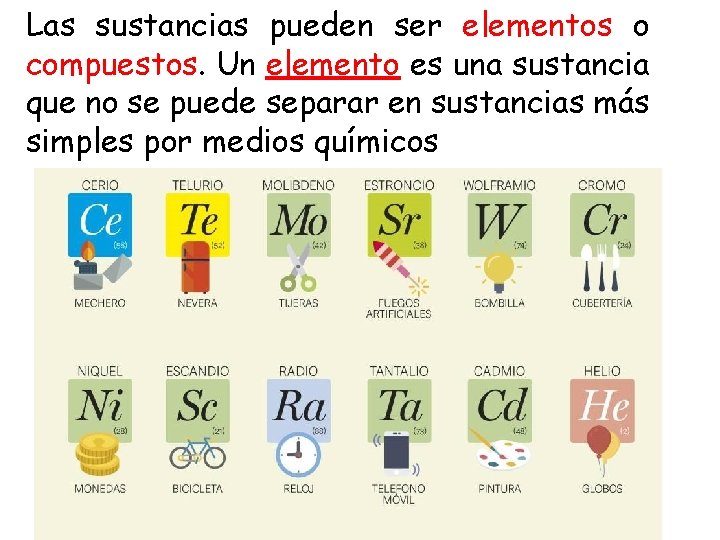 Las sustancias pueden ser elementos o compuestos. Un elemento es una sustancia que no