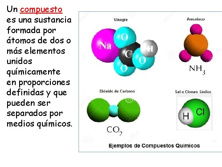 Un compuesto es una sustancia formada por átomos de dos o más elementos unidos