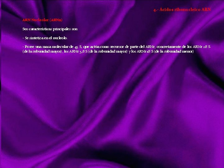 4. - Ácidos ribonucleico ARN Nucleolar (ARNn) Sus características principales son: Se sintetiza en