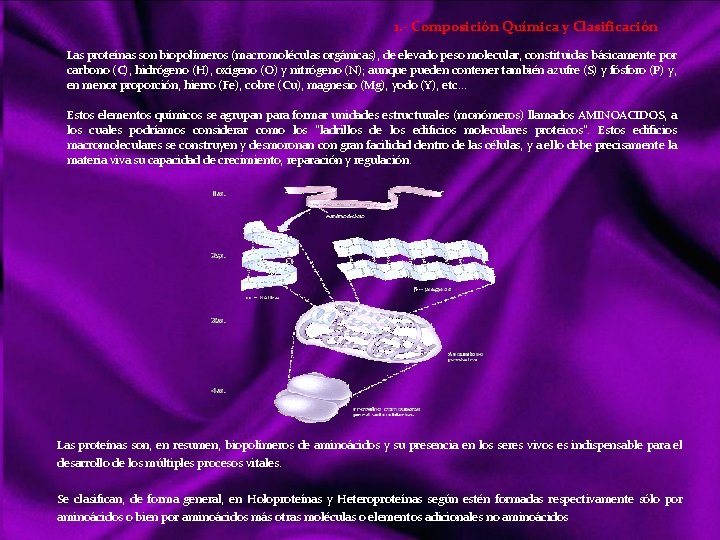 1. - Composición Química y Clasificación Las proteínas son biopolímeros (macromoléculas orgánicas), de elevado