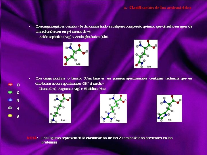 2. - Clasificación de los aminoácidos • Con carga negativa, o ácidos (Se denomina