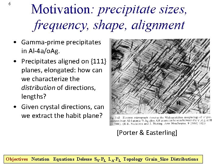 6 Motivation: precipitate sizes, frequency, shape, alignment • Gamma-prime precipitates in Al-4 a/o. Ag.