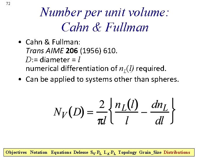 72 Number per unit volume: Cahn & Fullman • Cahn & Fullman: Trans AIME