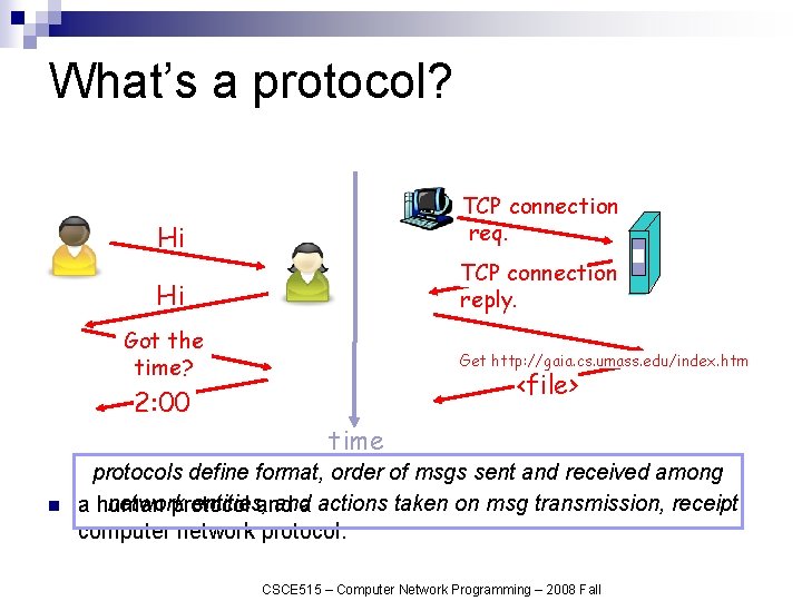 What’s a protocol? Hi TCP connection req. Hi TCP connection reply. Got the time?