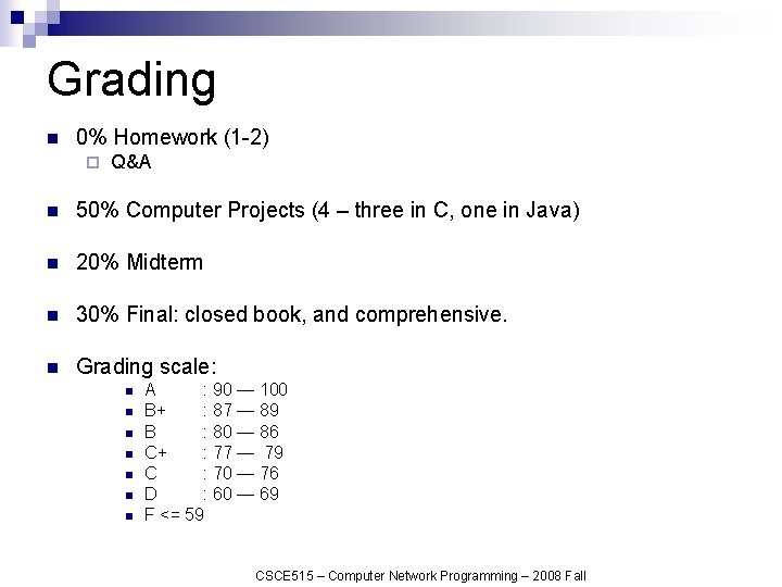Grading n 0% Homework (1 -2) ¨ Q&A n 50% Computer Projects (4 –