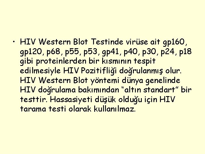  • HIV Western Blot Testinde virüse ait gp 160, gp 120, p 68,