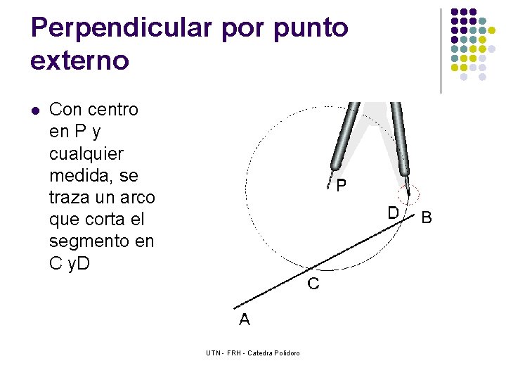 Perpendicular por punto externo l Con centro en P y cualquier medida, se traza