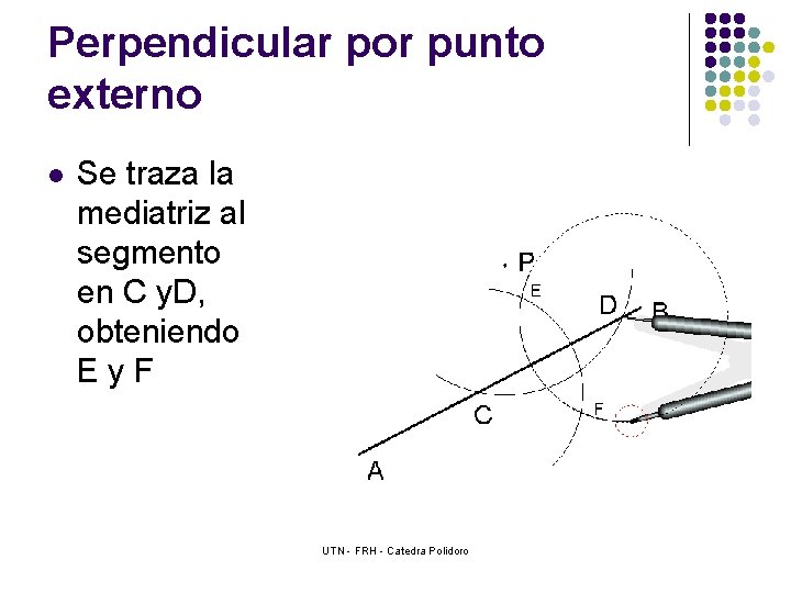 Perpendicular por punto externo l Se traza la mediatriz al segmento en C y.